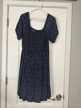 Navy Blue Smocked Waist Puff Sleeve Dress